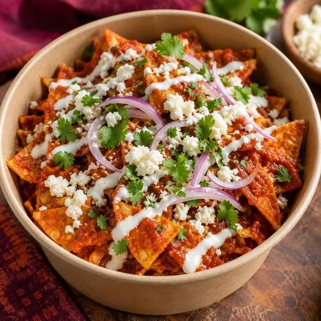 Red salsa chilaquiles topped with crema, cheese, onion and cilantro